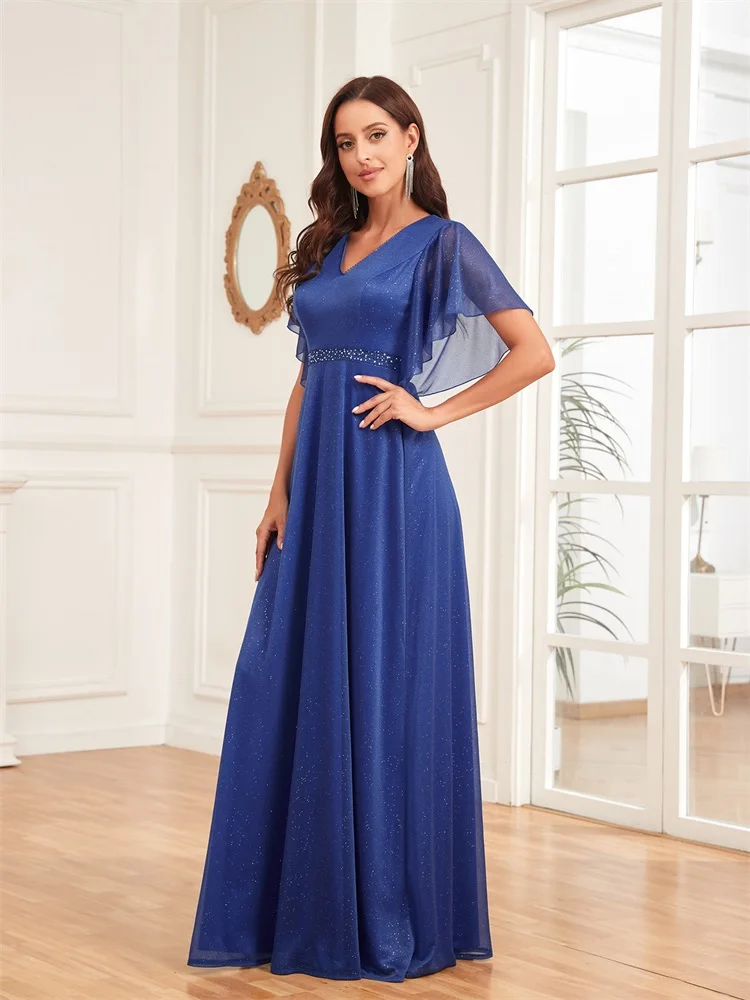 XUIBOL Luxury Chiffon Maxi V-neck Royal Blue Long Dress Women Elegant Flared Sleeves Chiffon Wedding Party Evening Dress Prom