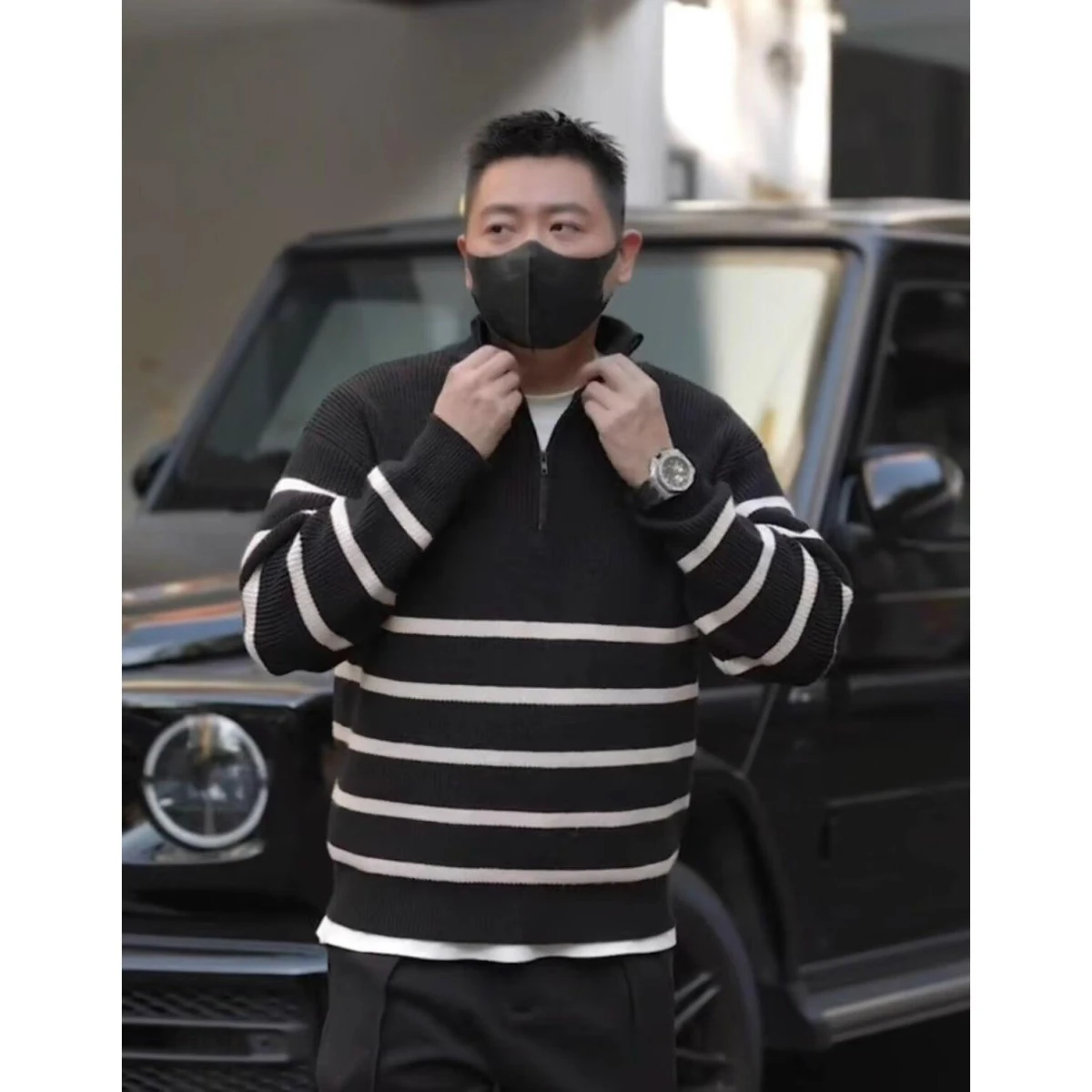 メンズジッパーネックニットセーターカジュアルハーフハイ秋冬ストライプベースシャツ香港スタイルトレンディルーズニットウェアトップ