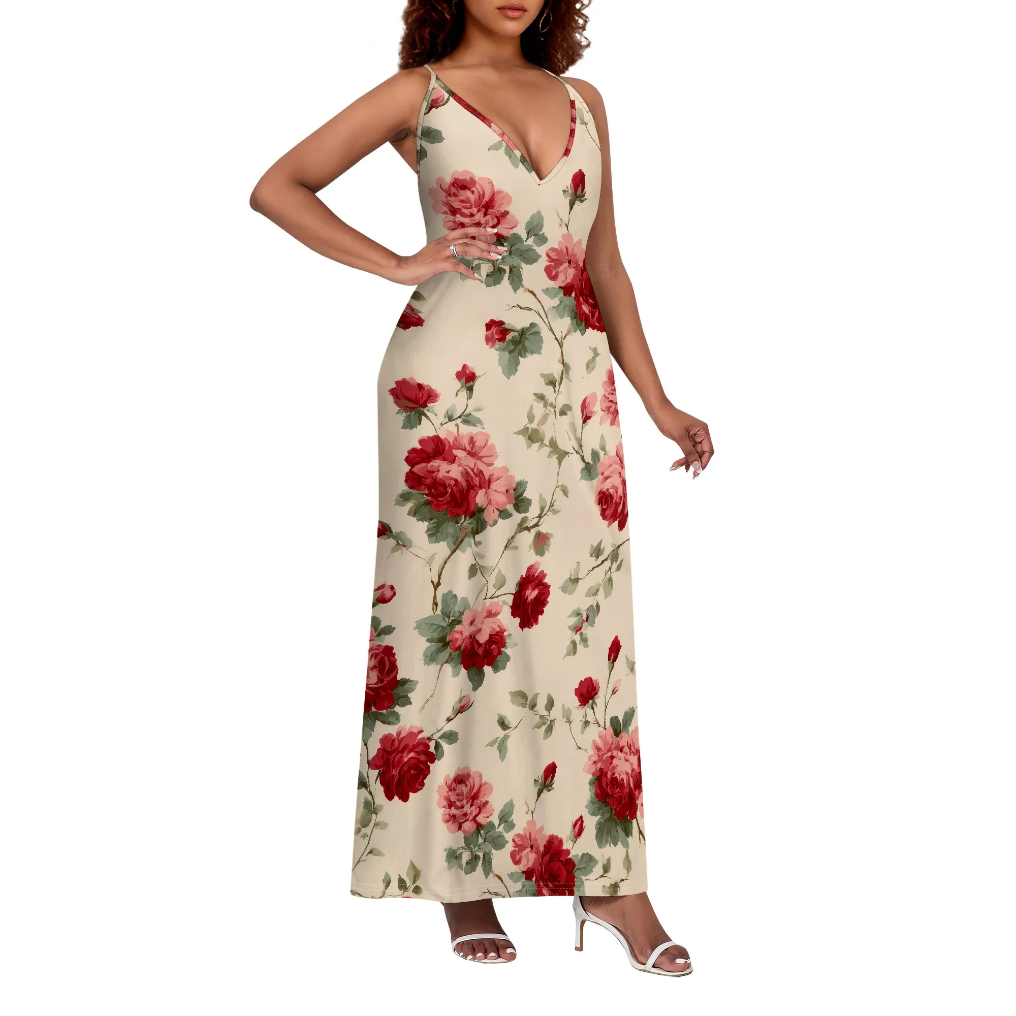 Retro สีชมพูกุหลาบสปาเก็ตตี้ชุดผู้หญิงฤดูร้อนสบายๆ V คอยาว Maxi Dress Sundress