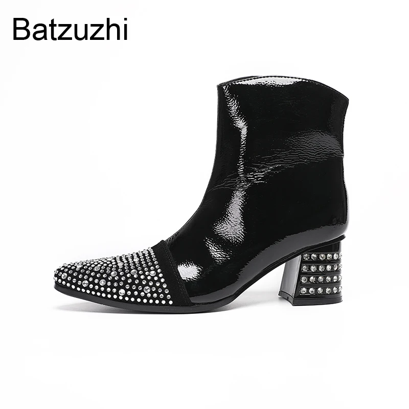 Batzuzhi 7CM Heels with Rhinestone Fashion Men's Boors Pointed Toe Black Leather Short Boots Man Popular Party, Wedding Boots