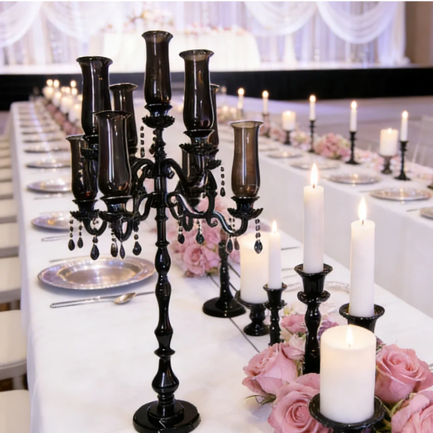 

5pcs）125cm tall Wholesale super large 9 Heads Black Crystal Candelabra Centerpieces Wedding Candlestick Holder for Table Decor