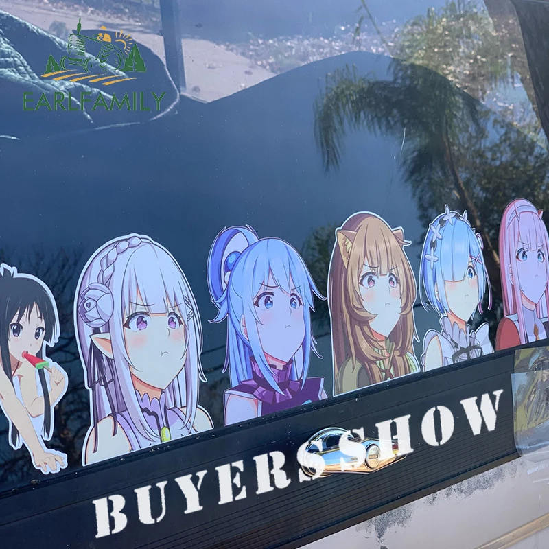 

EARLFAMILY 13 см наклейки на автомобиль с Эмилией, моргающей глазами, для маскировки царапин, граффити, креативные аниме-декали, милые наклейки на лобовое стекло, стайлинг автомобиля