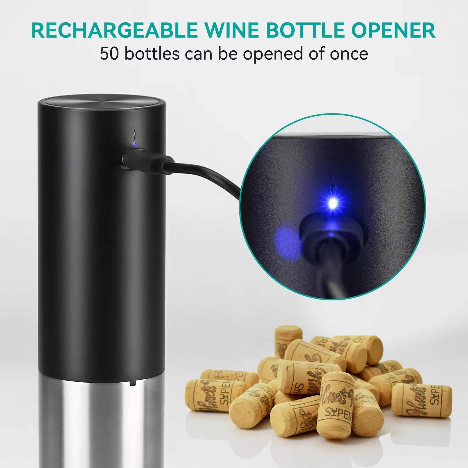 Juego de abridor de vino eléctrico recargable, sacacorchos automático de acero inoxidable, Kit de abridor de botellas de vino tinto de 4 piezas para Bar y cocina