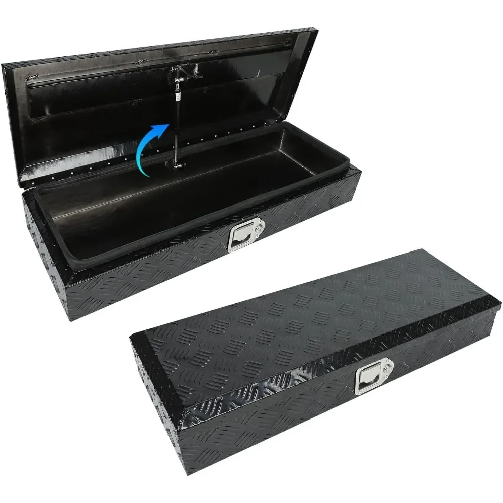 

Black aluminum heavy-duty pickup truck lathe 5-pole tread toolbox with lock and key outdoor storage box for vehicle tools