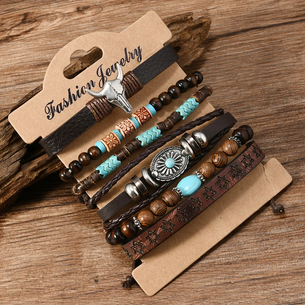 6 Pcs Boho Wood Bead Leather Bracelet Set Turquoise Bull Skull Layered Cuff Wristband Western Tribal Jewelry for Men Women Gifts