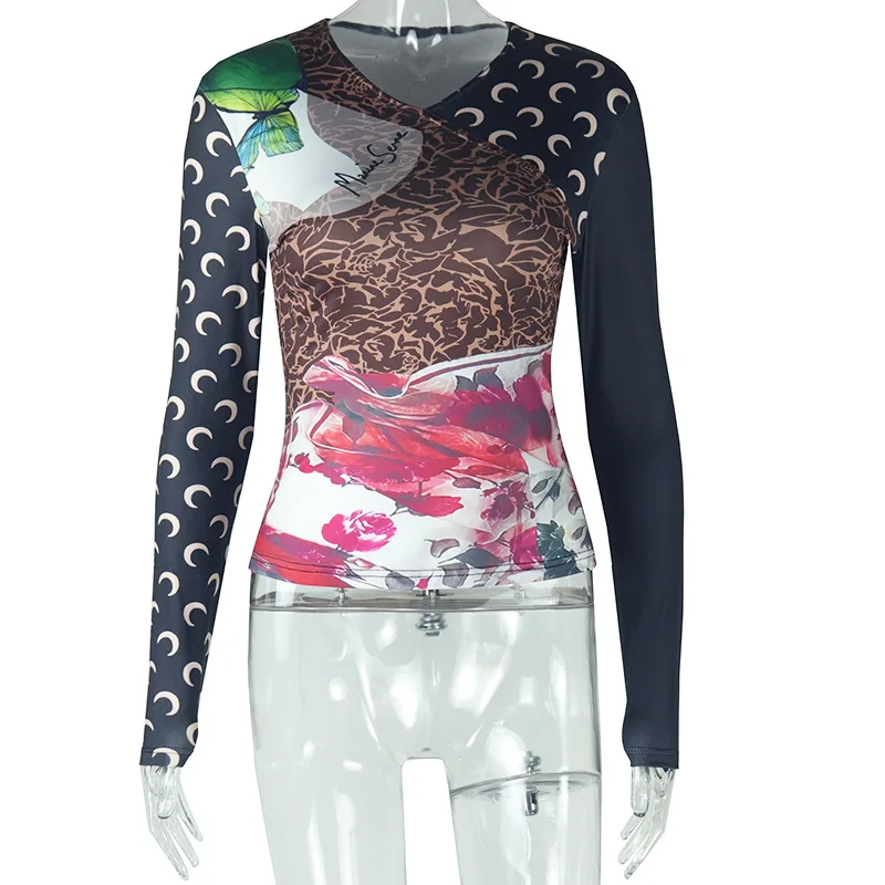 تي شيرت غير رسمي مطبوع عليه قمر مرقع 2025 ربيع المرأة كم طويل الخامس الرقبة سليم بسط نادي حفلة الشارع ملابس رياضية تيز #6