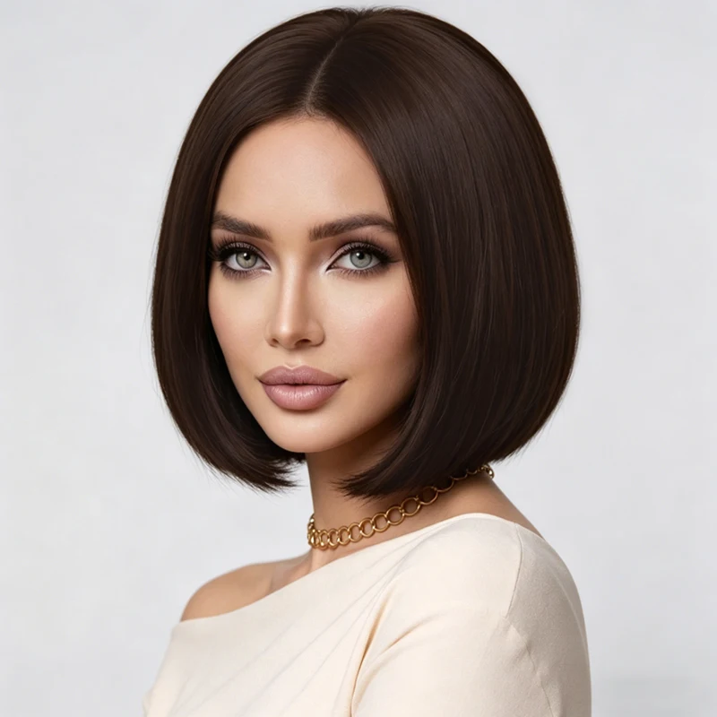 12-inch synthetic dark brown bob wig, sleek center-parted short straight hair, elegant and fashionable feminine style.