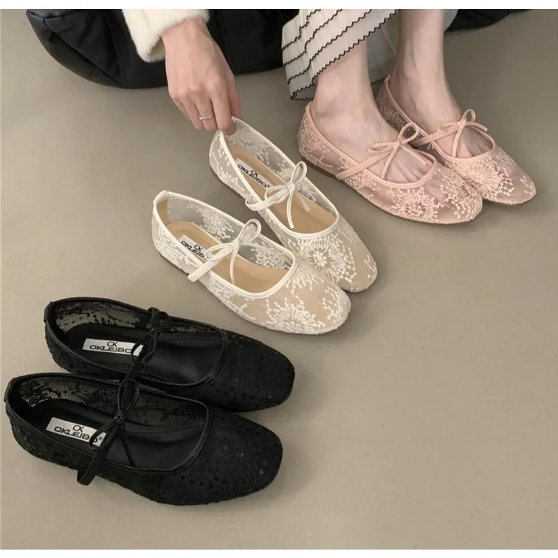 

2025 Classic Spring Lace Women Mary Jane Shoes Elegant Fashion Slip on Comfort Street Style Soft Sole Female Dress Flats Shoes