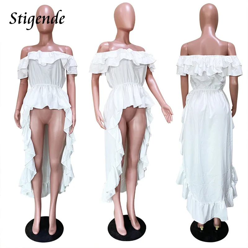 Stigende Sexy Off Shoulder Ruffle High Low T Shirt Women Multi Layer Irregular Tops Solid White Slash Neck Patchwork Blouse