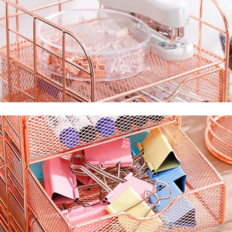 Stationery Metal File Shelf Desk Organizer With Drawers And Metal Mesh Shelving For Office, School And Home, Rose Gold