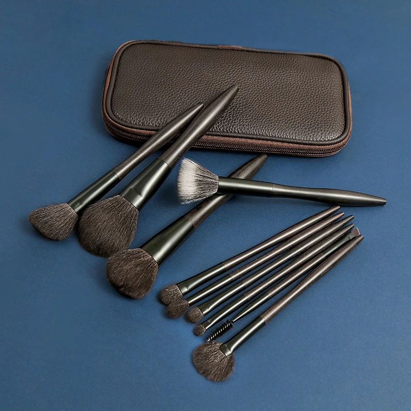 10-teiliges Make-up-Pinsel-Set aus Ebenholz, Make-up-Pinsel, Tierhaar-Pinsel-Set, echte Wolle, loses Puder, Rouge, Kontur, Lidschattenpinsel