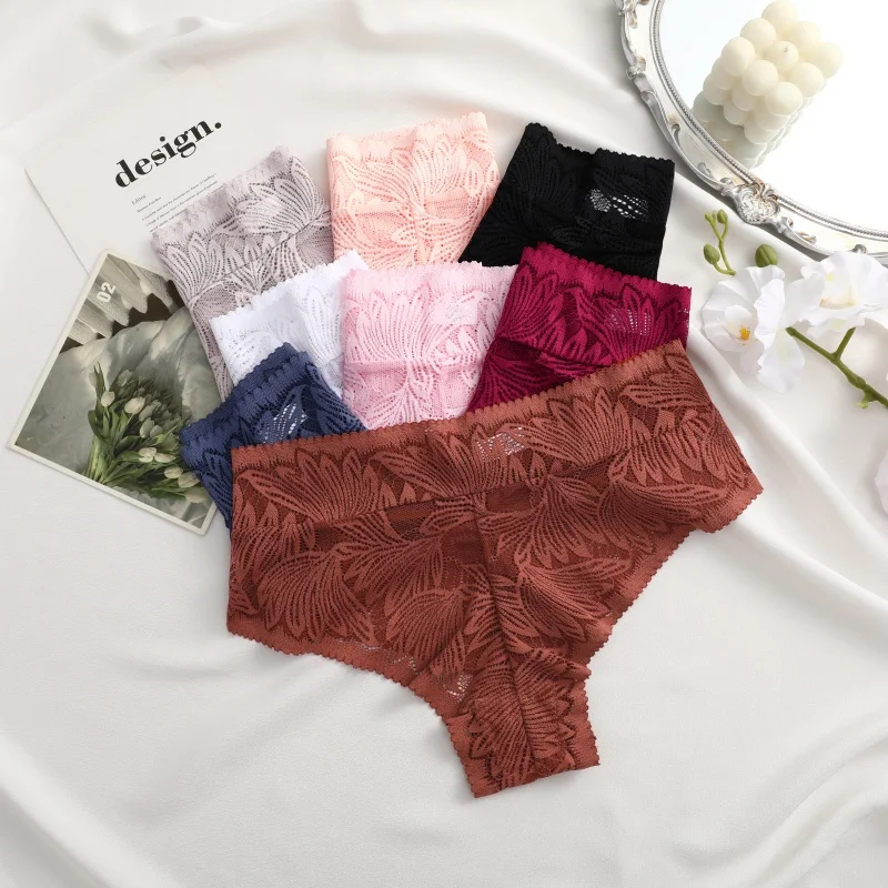 6pcs Women's Sexy Lace Breathable Panties Seamless High Waist Transparent G-String Solid Color Hollow Breathable Underwear S-XXL - Image 4
