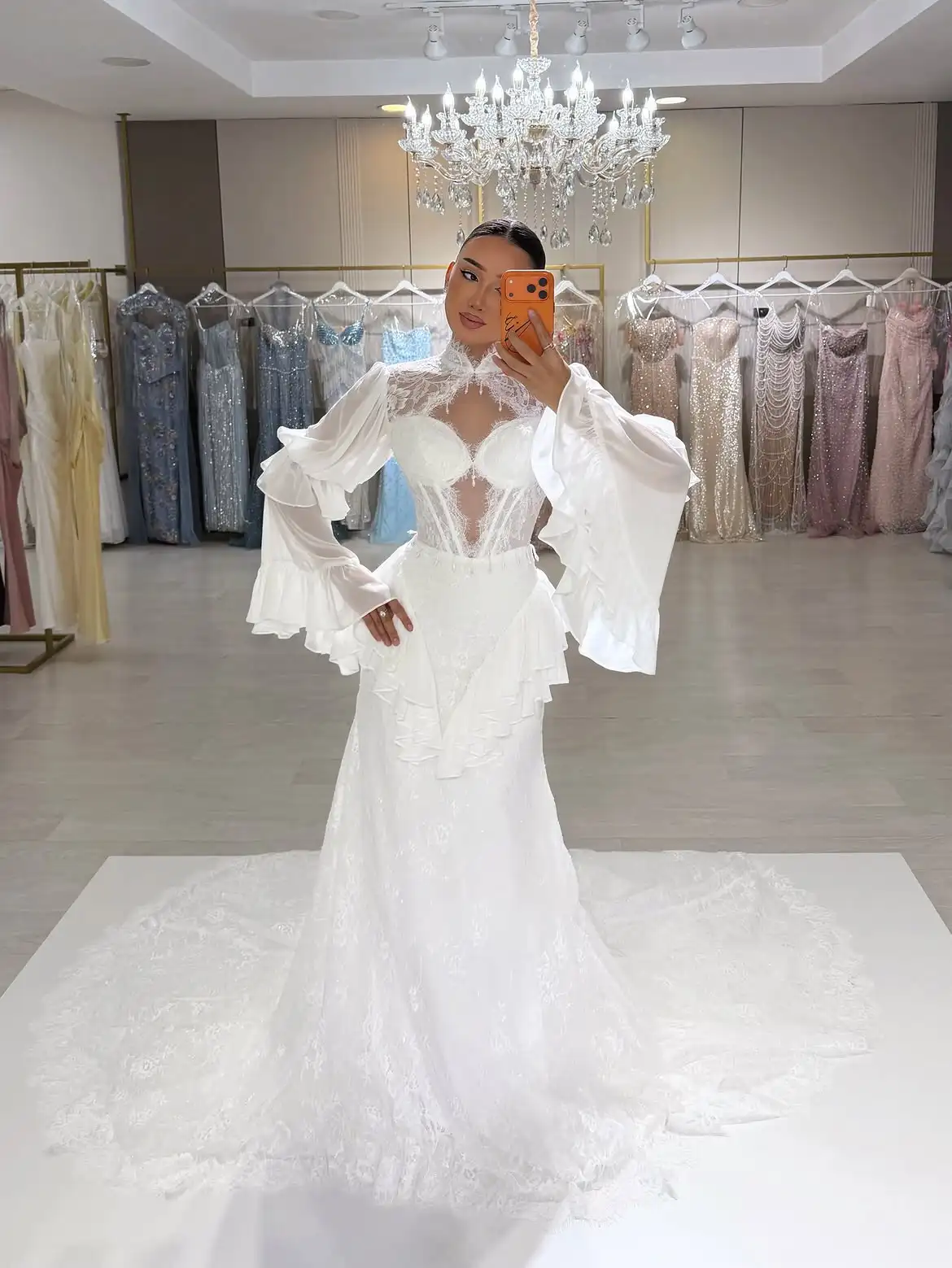White High Neck Flare Sleeve Lace Mermaid Wedding Dress Corset Ruffled Bridal Gown With Long Train For Women