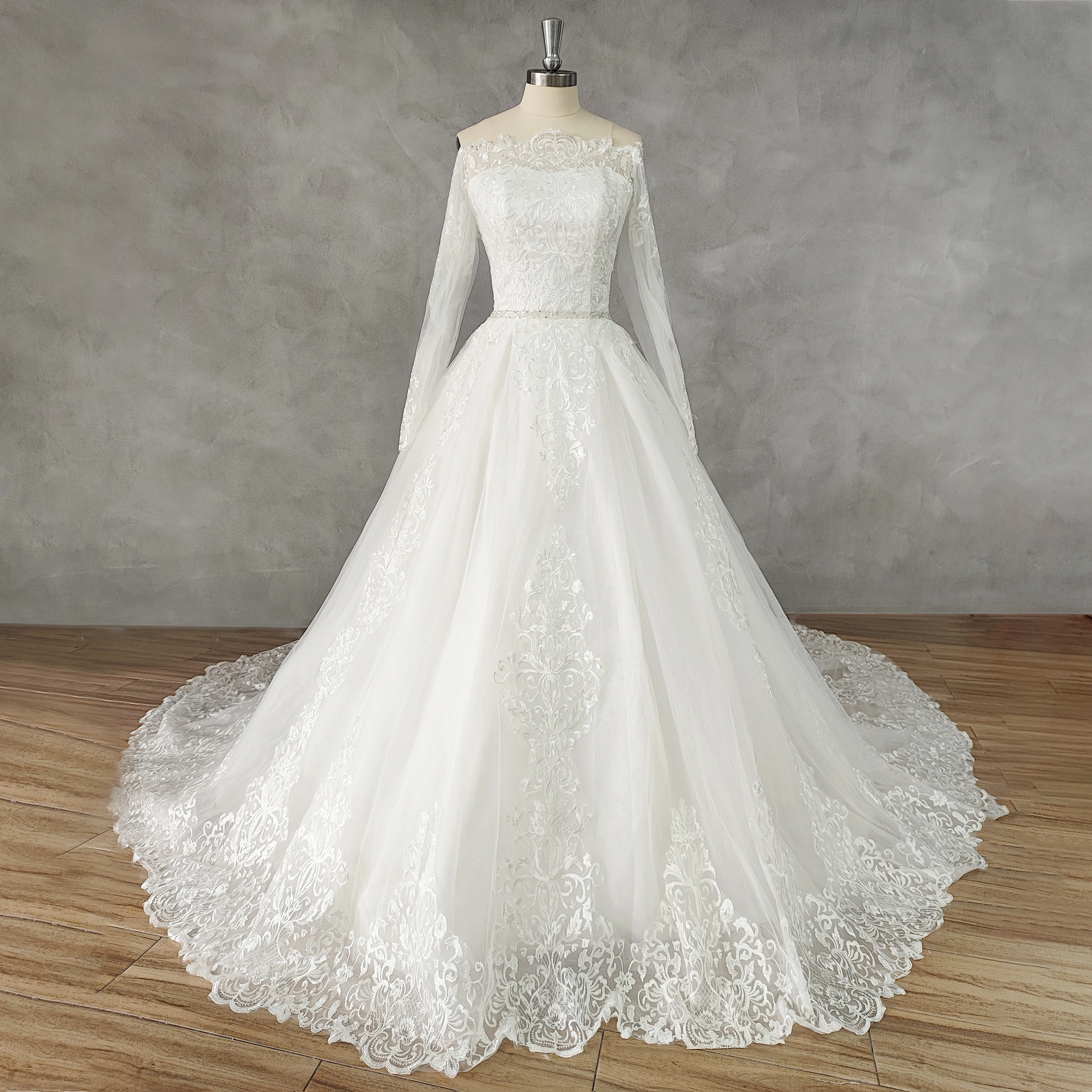 DIDEYTTAWL Real Picture Appliques Off-Shoulder Long Sleeves Ball Gown Wedding Dress A-Line Button Back Tulle Bridal Gown