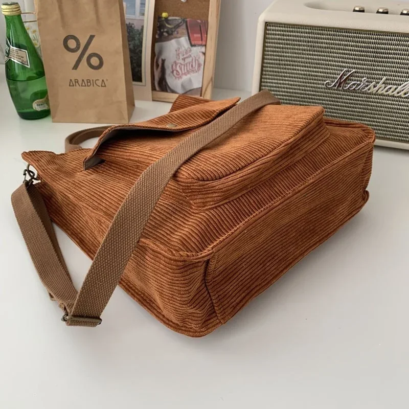 1 Stück Cord-Umhängetasche für Damen, Vintage-Einkaufstaschen, Reißverschluss, für Mädchen, Studenten, Büchertasche, Handtaschen, lässige Tragetasche mit Außentasche – Detail 7