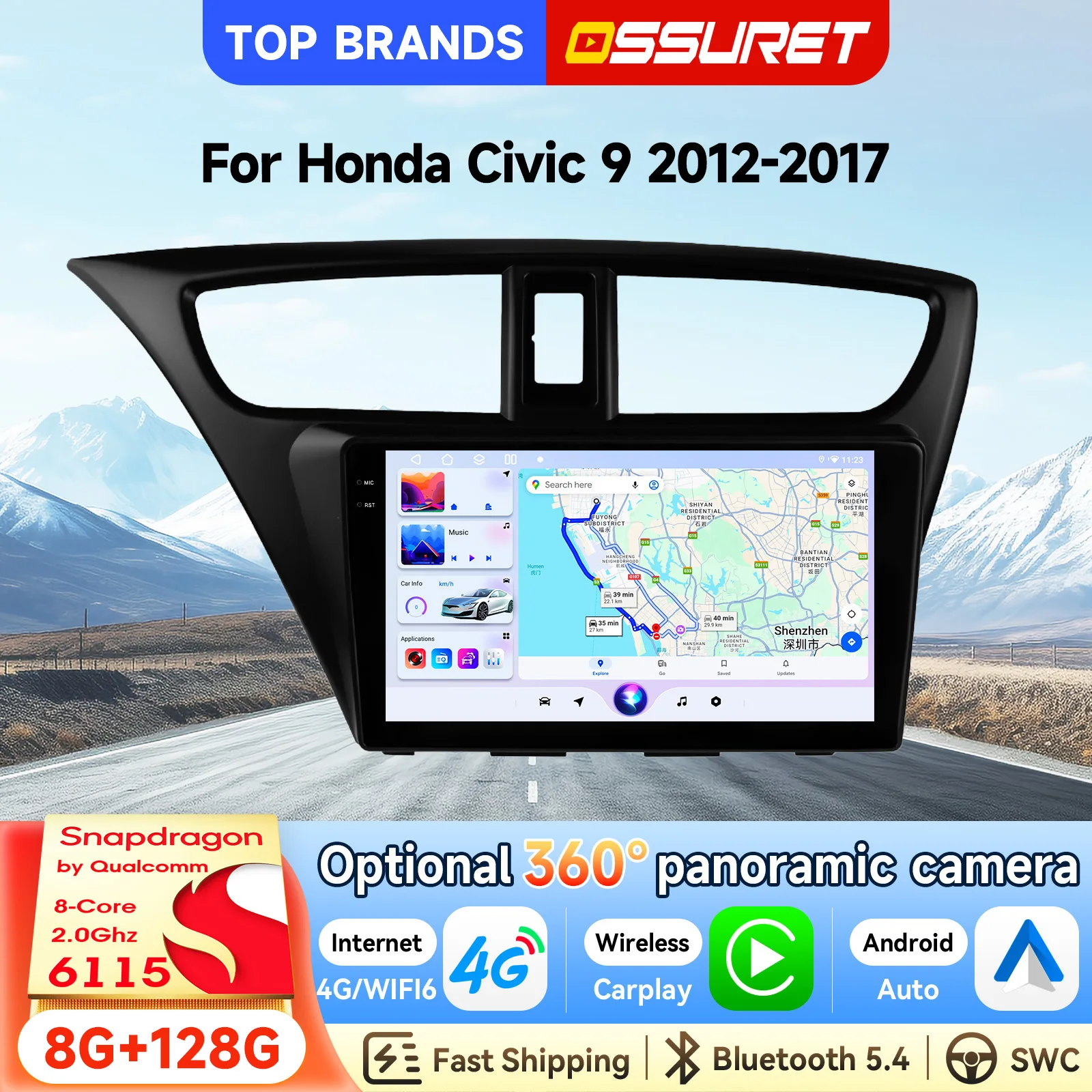 OSSURET Livraison rapide 9'' 2 Din Android 15 Octa Core 6115 Autoradio GPS pour Honda CIVIC 9 2012-2017 Unité principale 4G Carplay sans fil Android Auto Lecteur multimédia vidéo RDS DSP Audio Radio SWC Bluetooth Autoradio Navigation Système intelligent de voiture