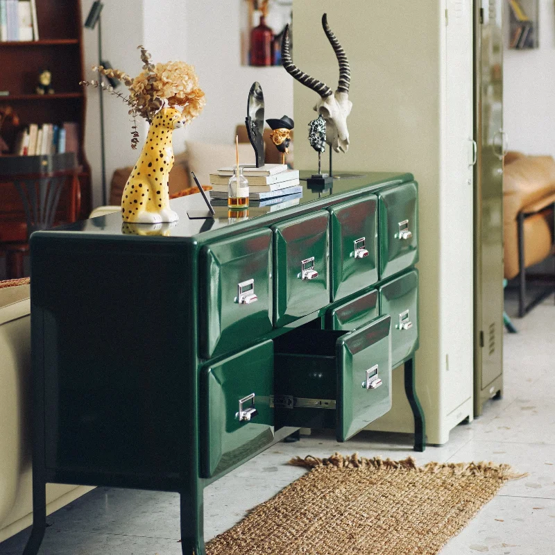 tall eight drawers, multiple rows of metal buckets in the hallway, storage, living room glove cabinet