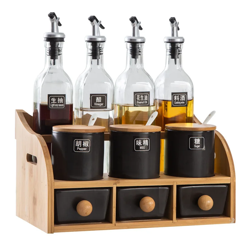 set Glass oil bottle can control oil, spout seasoning box seasoning jar Ceramic jar seasoning bottle New Chinese style