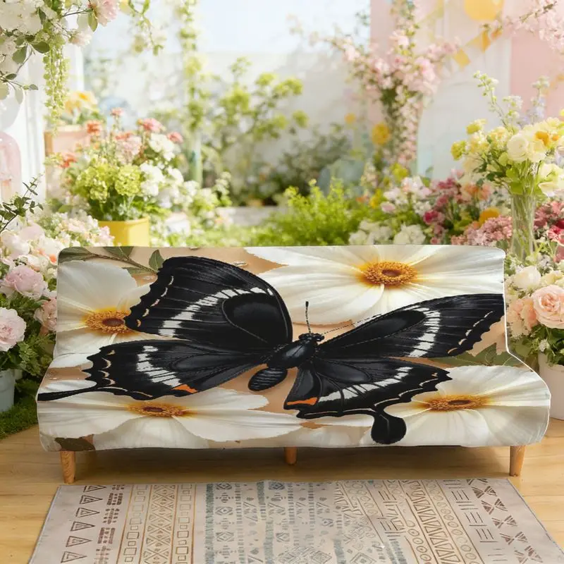 

Эластичный диван-кровать с плоским принтом, чехол для дивана без подлокотников, черная бабочка, парковая в белом цветочном узоре