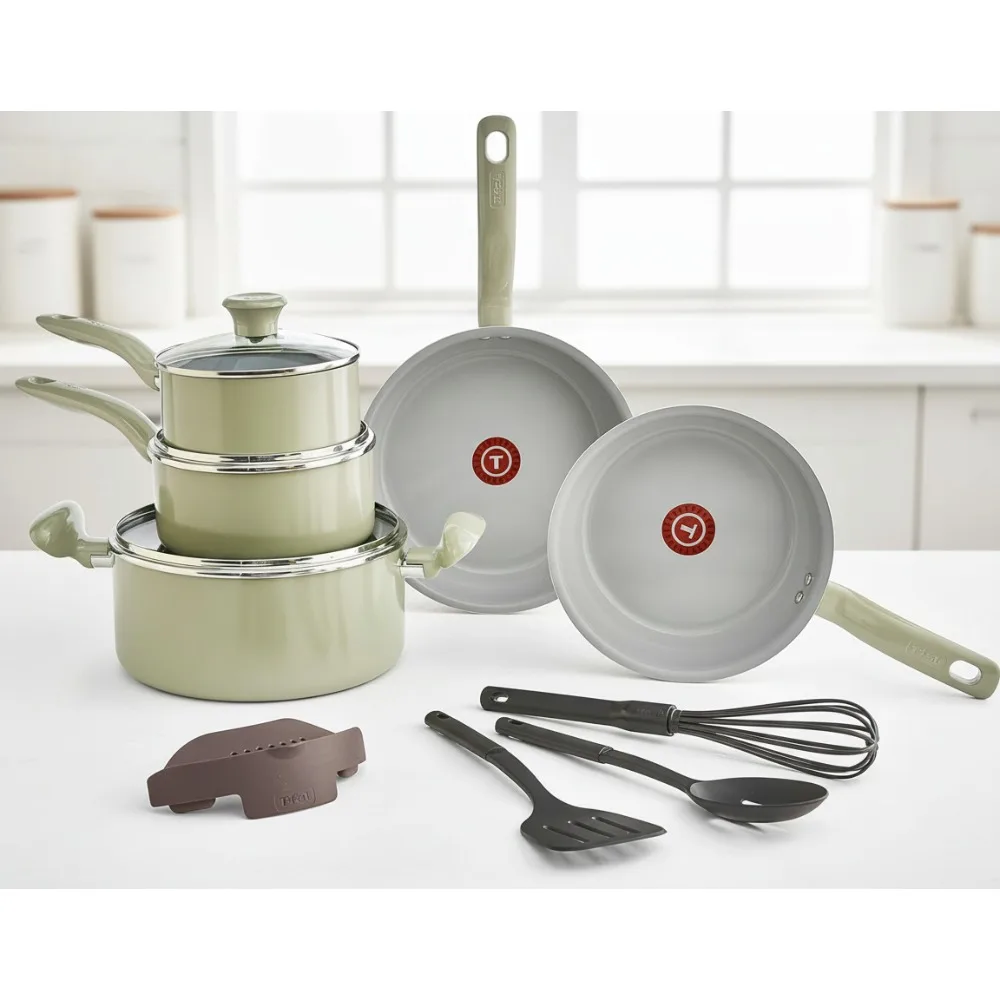 

Eco-Friendly Ceramic Nonstick Cookware Set 12-Piece, Oven Safe 350F, Pots Pans Fry Pan Kitchen Tools Green for Healthy Cooking