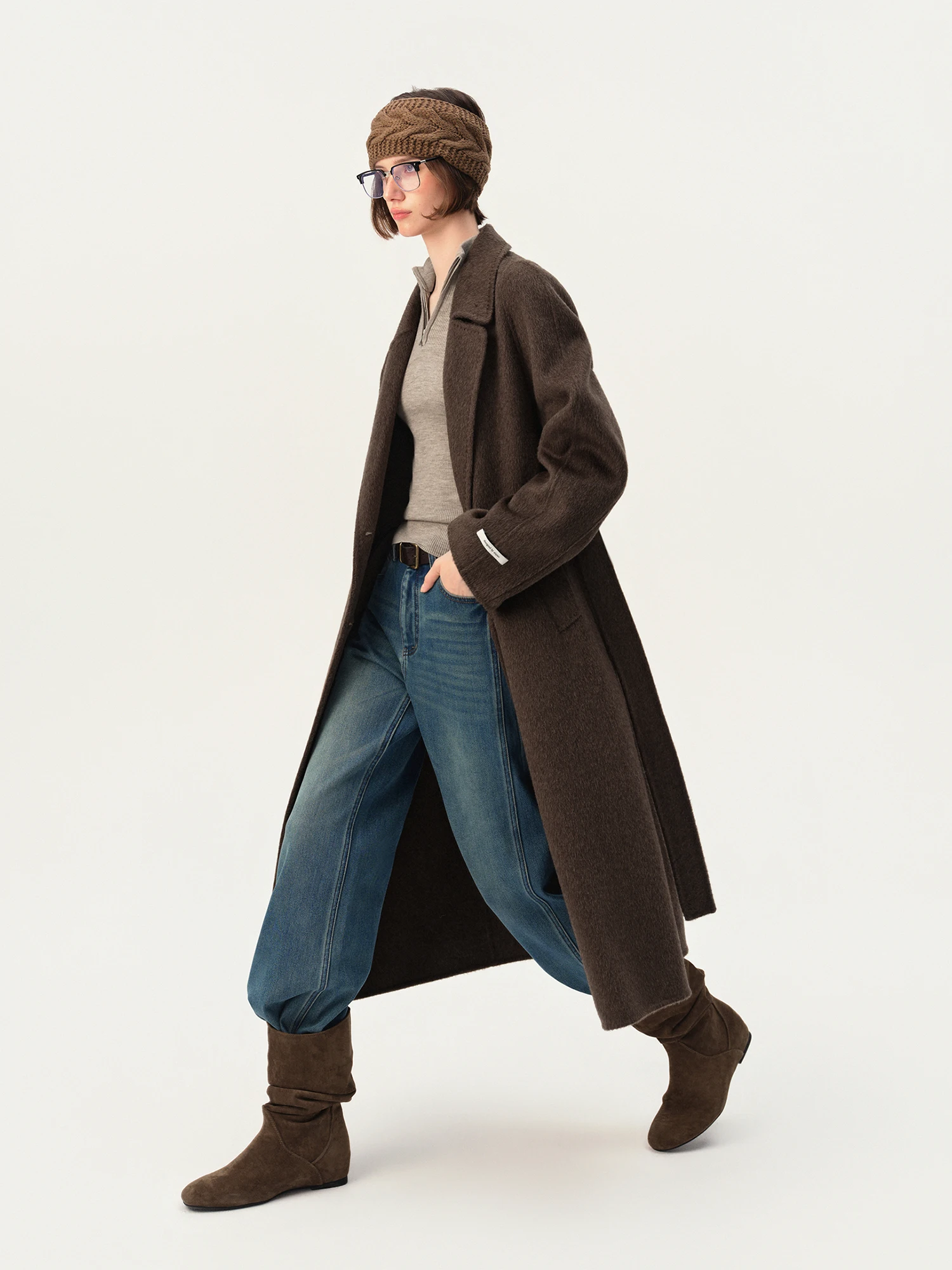 ZIQIAO 2026 Winter Women Camel Hair Wool Blend Double-Faced Wool Coat Mid Length Overcoat Elegant Loose Commute Outerwear Coat