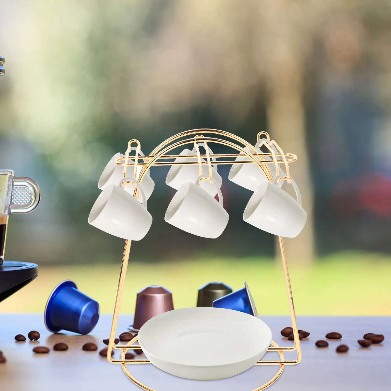 

Mug Holder Cup Set Stand Coffee Rack for Counter Countertop Golden Metal Tea Cups