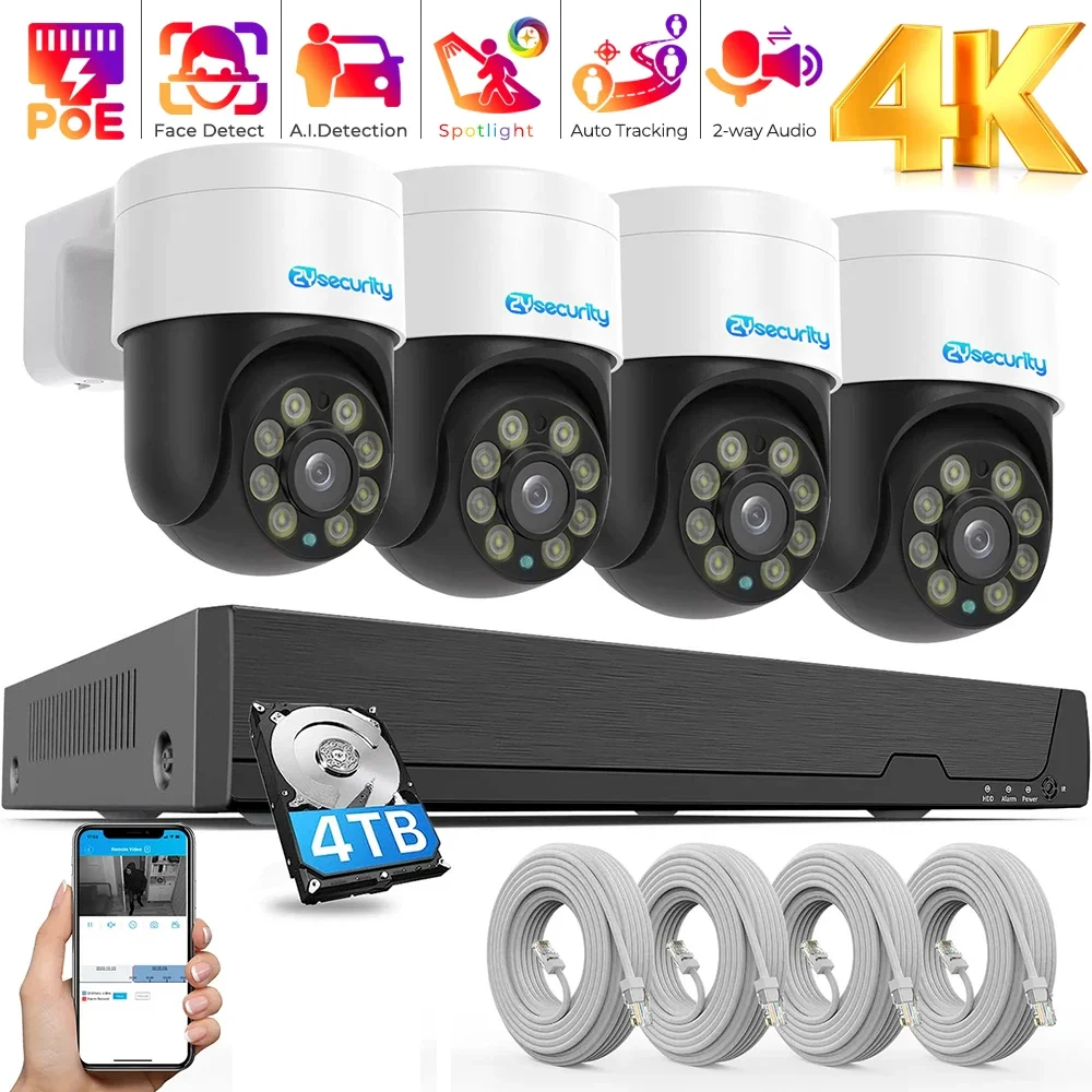 4K PoE PTZ Camera System Outdoor Home Security IP Camera Sets with Person Vehicle Detection Auto Tracking 8MP PoE NVR Kit XMEye