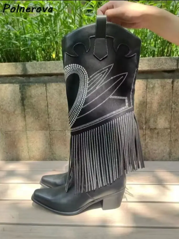 Western Rhinestone Fringe Boots Pointed Toe Chunky Block Heel Pull On Knee High Boots Women Winter Black Leather Fashion Shoes