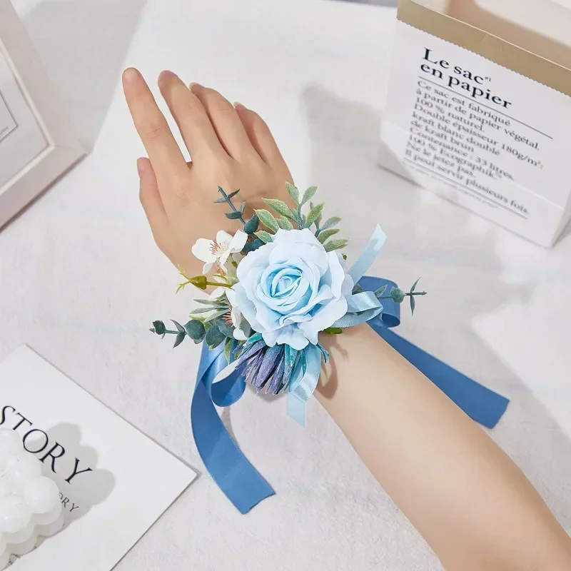 Blue Lotus Rose Corsage และ Boutonniere พรหมดอกไม้ประดิษฐ์สร้อยข้อมือ Corsage ข้อมือ Homecoming Corsage Wristlet Boutonniere