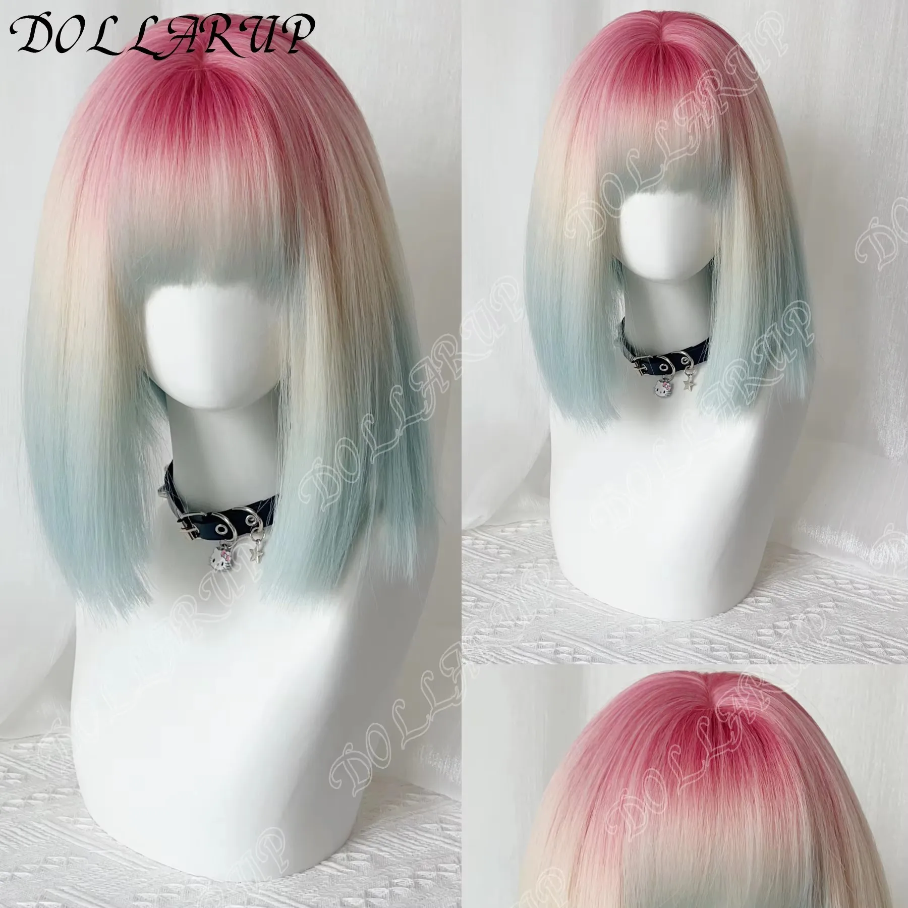 JKL Ashely Rainbow Bubble Short Straight Hair Wig for Women with Bangs Gradient Highlights Lolita Bob Wigs Synthetic Wig Pastel