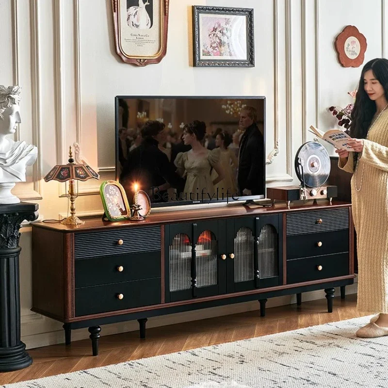 

New French retro solid wood TV cabinet, living room home medium and ancient style high-end black floor cabinetLX