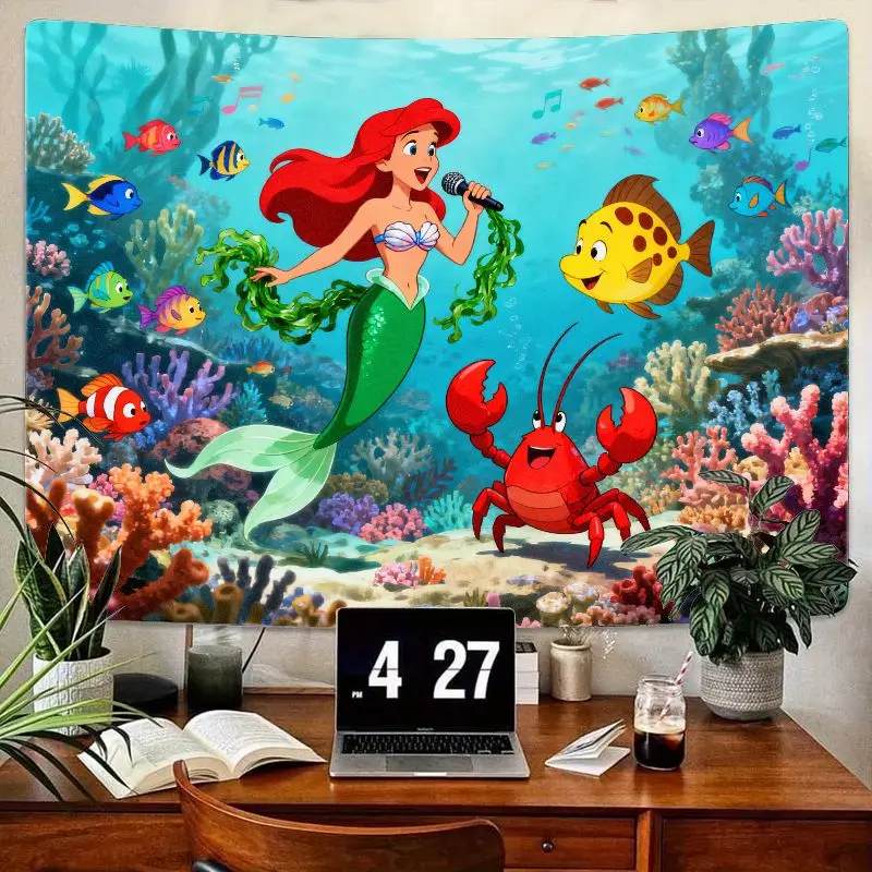 

1 шт. милый гобелен принцессы-русалки под морем, яркий океанский мир, полиэстеровый настенный художественный декор для детской комнаты, спальни A