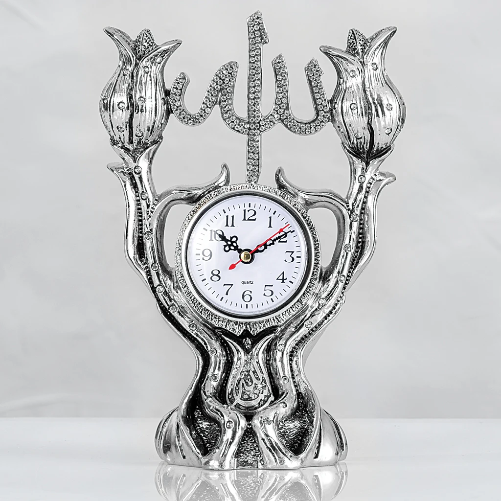 LaModaHome Silver Tulip Design Allah Name Islamic Gift Table Watch for Home