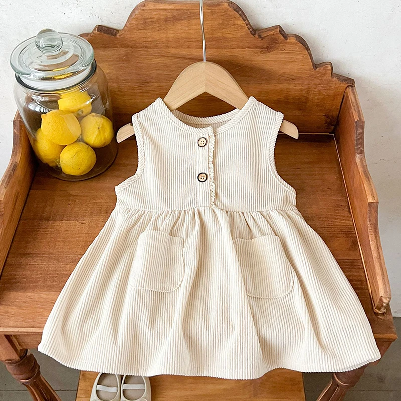 

2025 New Autumn European American Style Kids Princess Dresses Sleeveless Solid Color Corduroy 0-3Yrs Baby Girl Party Dress