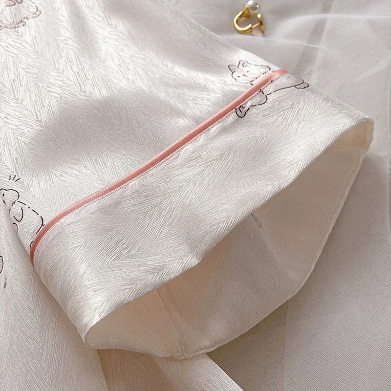 Cartoon Kawaii Cute Lucky Bunny Print Women\'s Sleepskirt French Elegant Herringbone Twill Homeskirt 2024 New Summer Shirt Skirt