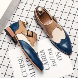 Luxury Designer Blue and white Pointed Flats Oxford Brogue Leather Shoes Men Casual Loafers Formal Dress Footwear Zapatos Hombre