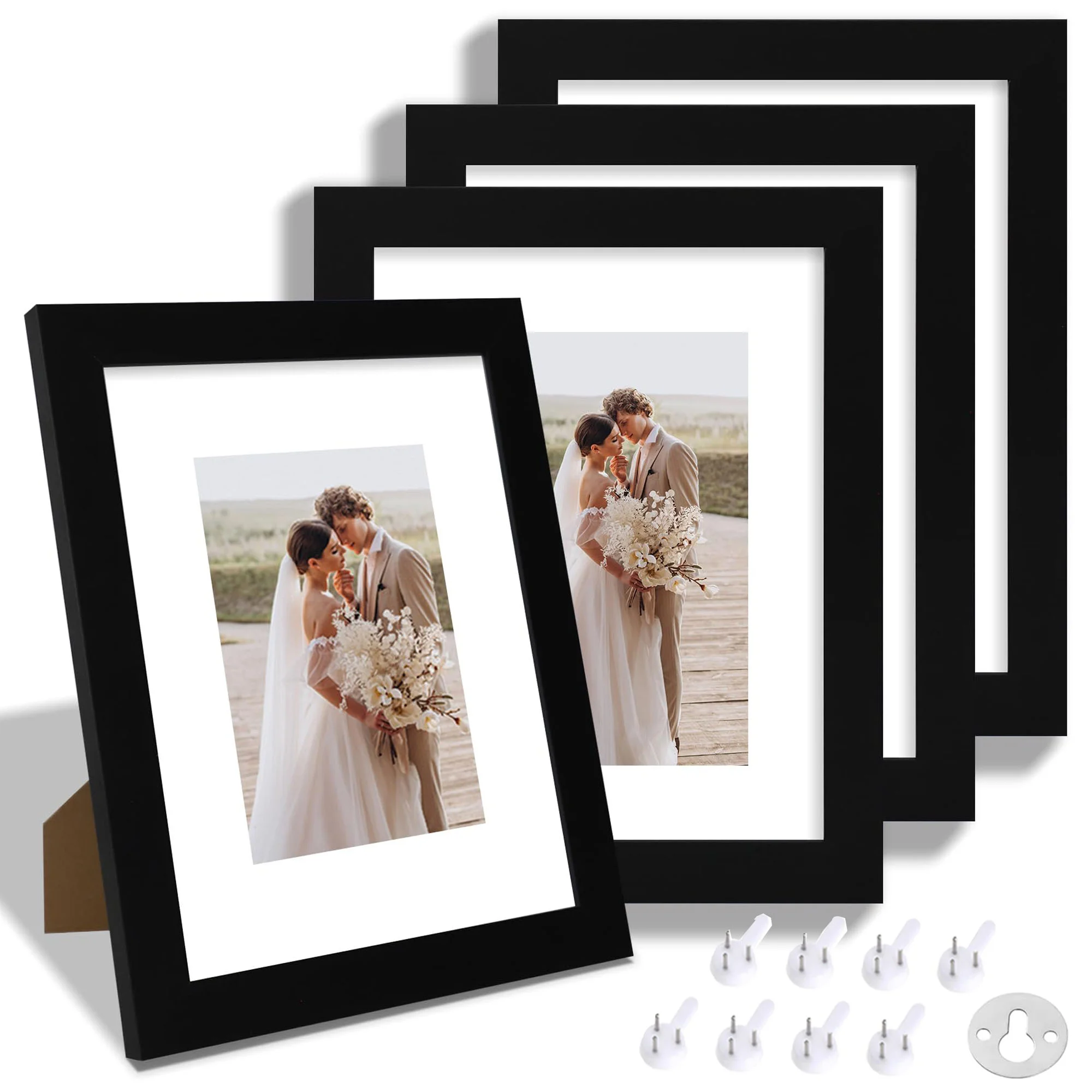 

8x10 Picture Frames Set of 4, Display Pictures 5x7 with Mat or 8x10 without Mat, Photo Frames for Wall or Tabletop Display