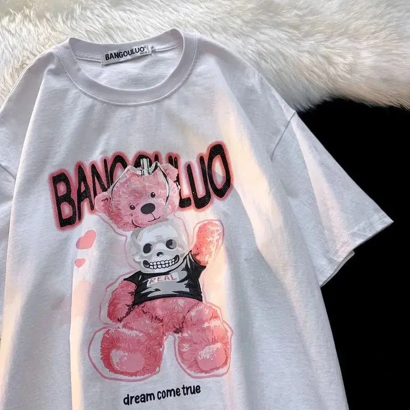 تي شيرت النساء فاسق Y2k بلايز الكرتون الدب تي شيرتات قصيرة الاكمام للرجال والنساء المد فضفاض الاتجاه زوجين Kawaii الملابس Harajuku