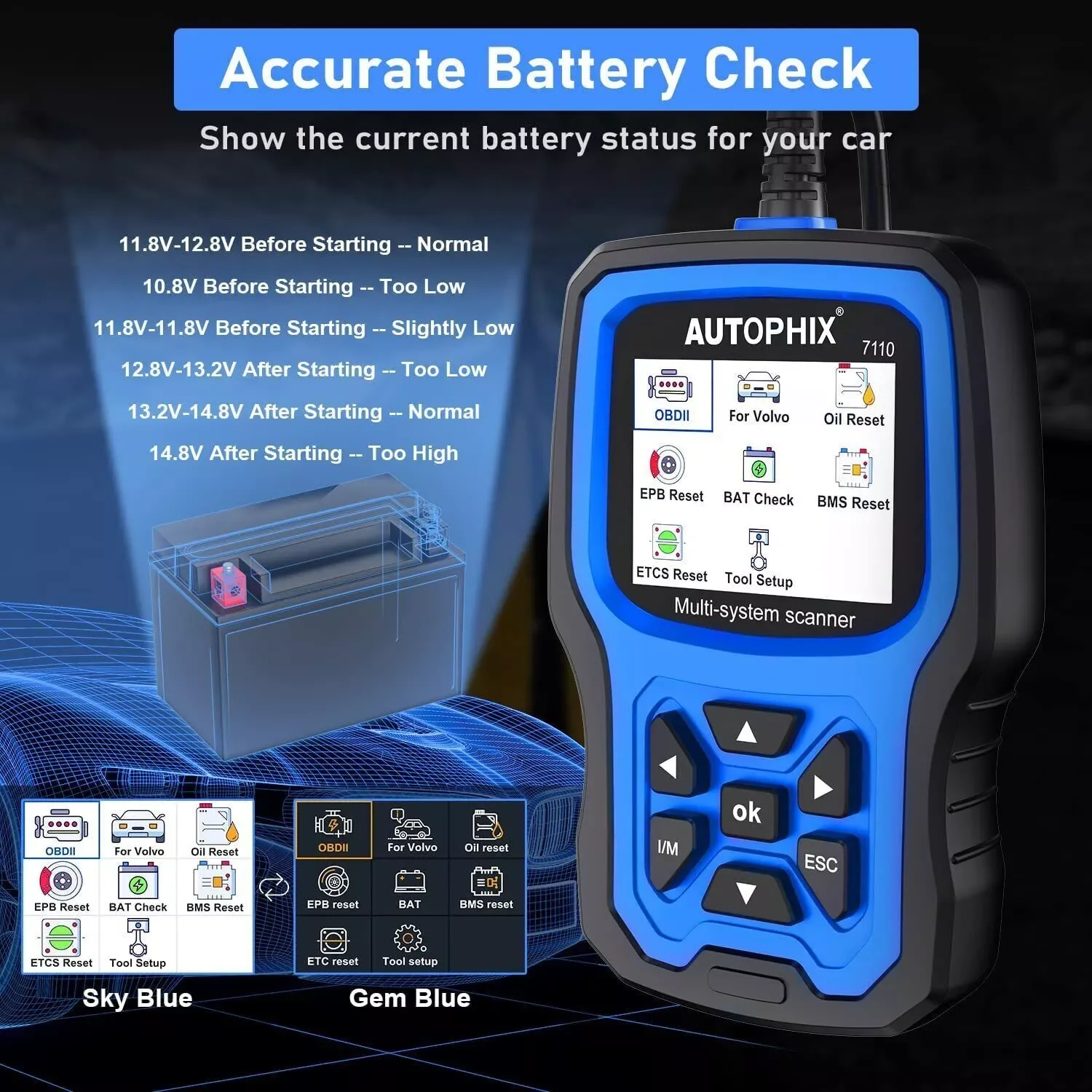 AUTOPHIX 7110 for Volvo Professional Car OBD2 Diagnostic Device Car All System OBD2 Scanner Car Code Reader Battery After 1996