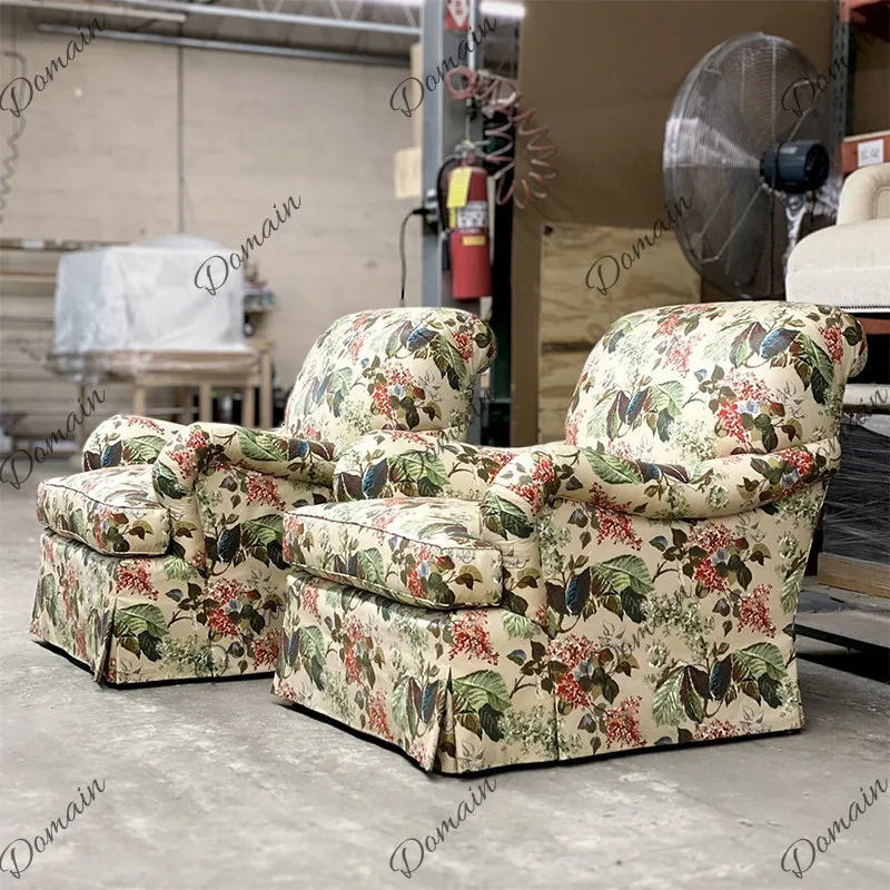 French printed sofa villa bungalow floral single sofa American retro solid wood single chair balcony leisure chair