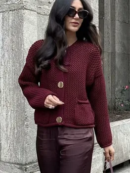 Pull Triblockchain Surdimensionné à Simple Boutonnage pour Femme, Couleur Unie Bordeaux, Col Rond, Manches sulf, Poche