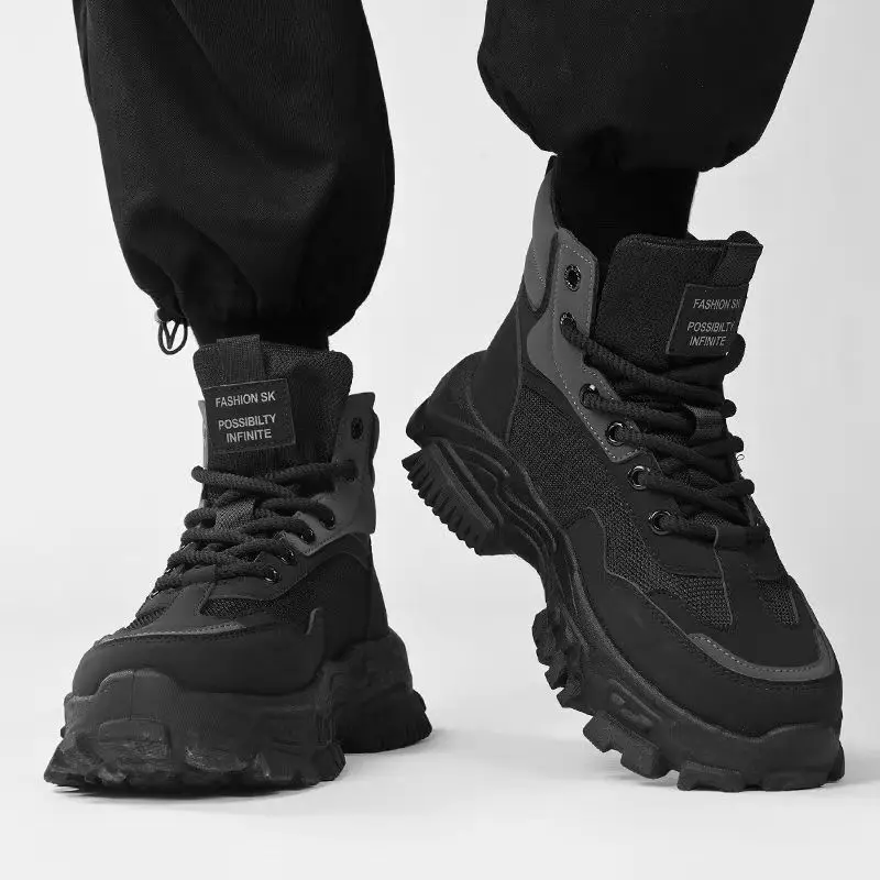 Trendy Men's Chunky Boots 2025 Outdoor Hiking & Work Shoes Non-Slip Platform Boots Black