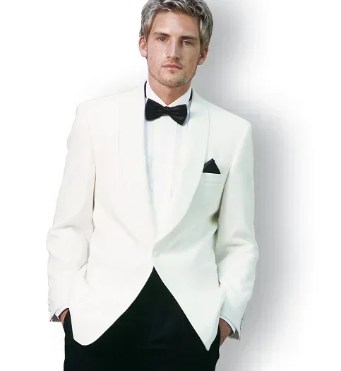 Biały formalny garnitury ślubne dla mężczyzn szal z klapą elegancki zestawy blezerów dla pana młodego na zamówienie Slim Fit 2-częściowy garnitur smoking balowy kostium homme