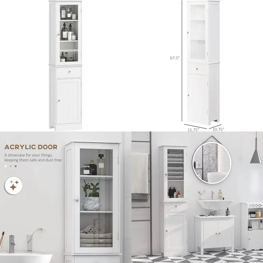 

white tall narrow bathroom storage cabinet with acrylic door, drawers and shelves