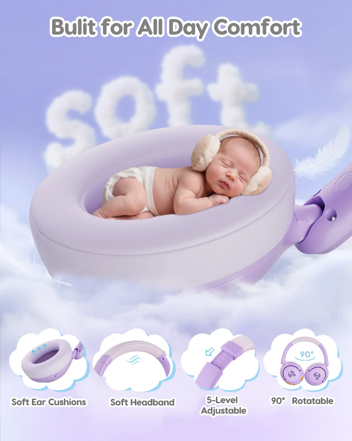 Headphone Nirkabel Awatrue Kids Over-Ear Bluetooth 5.4 untuk Balita, Volume Aman 85dB untuk iPad/YOTO Player/Tablet/Sekolah