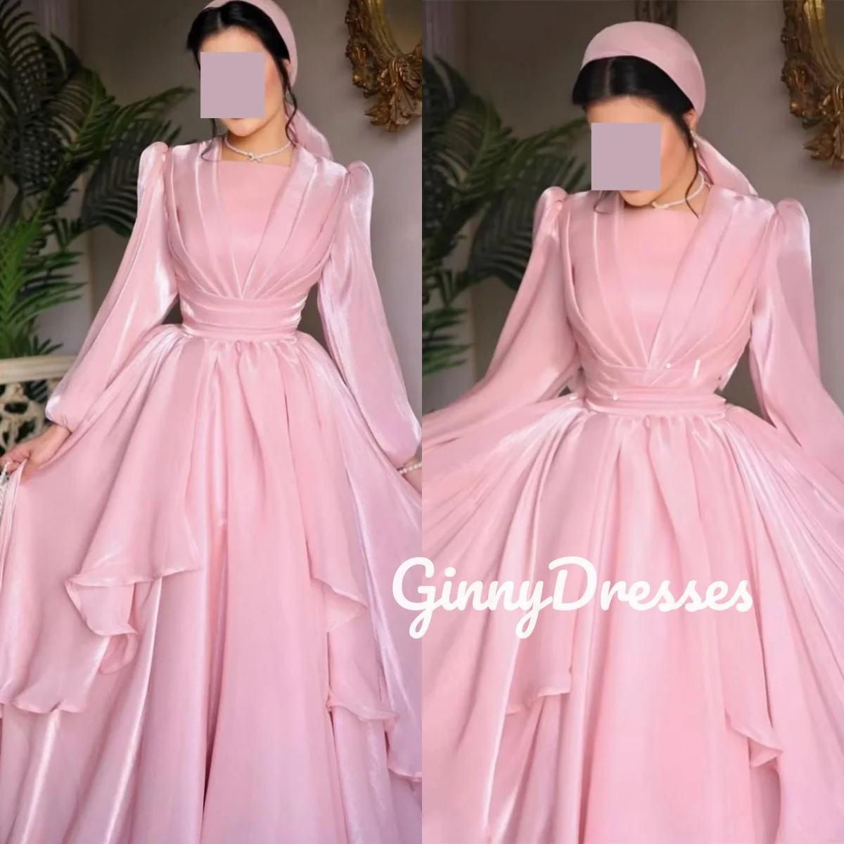 

Роскошное вечернее платье в Дубае на заказ, розовое трапециевидное платье с овальным вырезом и длинными рукавами, платья для выпускного вечера с рюшами длиной до пола, официальное мероприятие