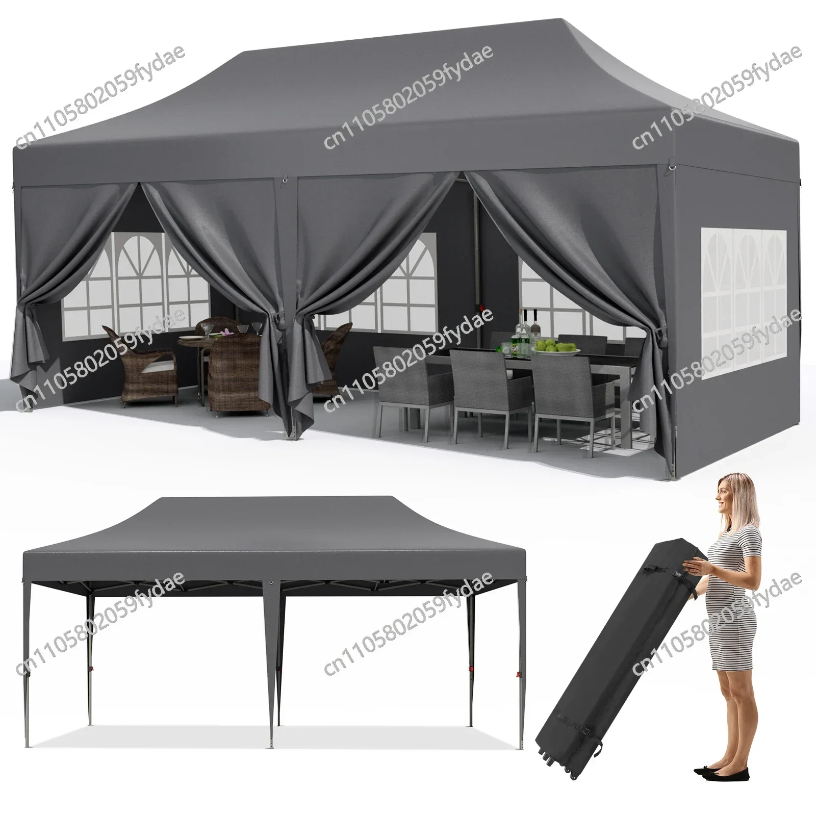 Pavilion Popup Gazebo 3x6m Waterproof Folding Gazebo Tent Party Tent with 6 Side Panels UV 50+ Height Adjustable 2-3M