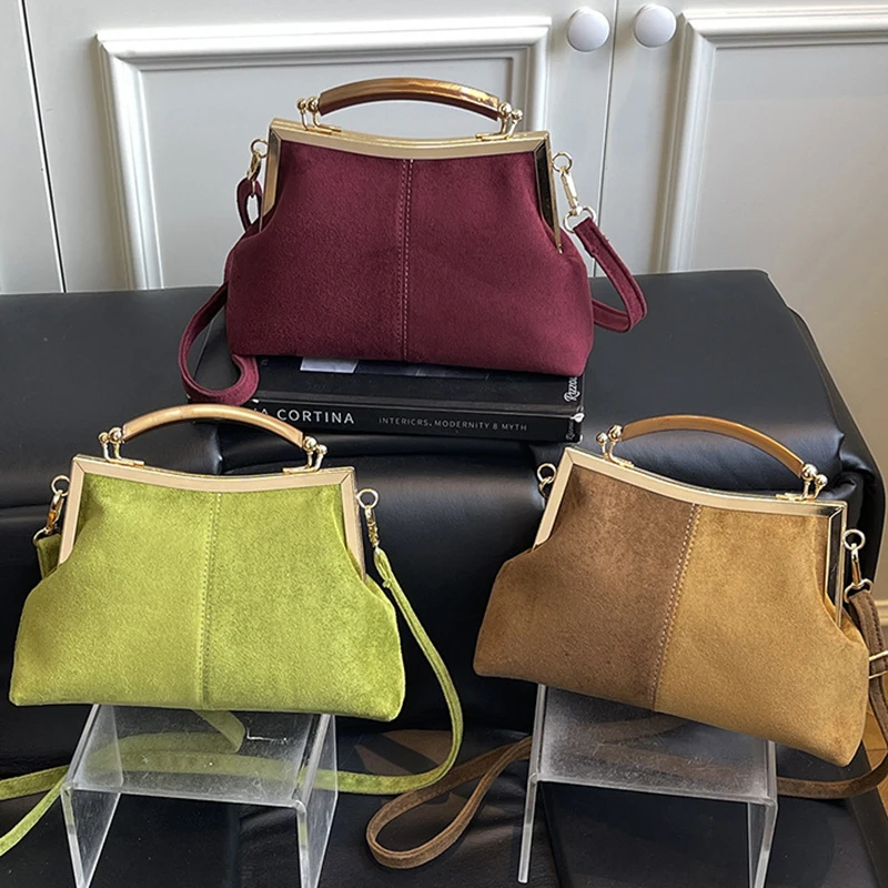 

Large Capacity Retro Frosted PU Leather Color Blocked Small Square Shoulder Crossbody Commuter Tote Kiss Lock Clutch