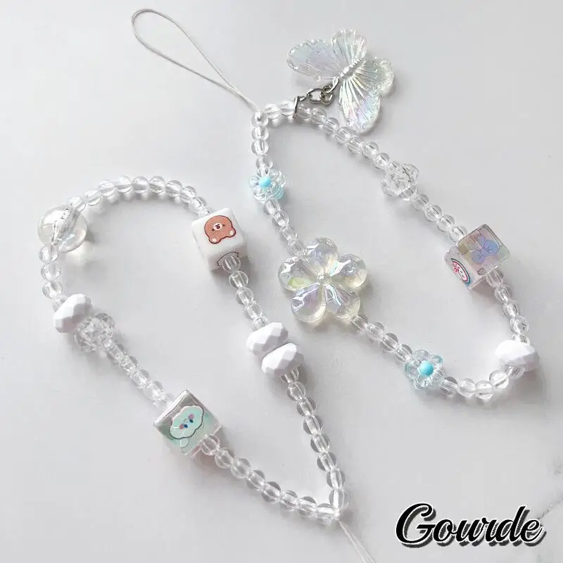 

Gourde Cute Bow Crystal Pink Butterfly Bear Phone Chain Y2K Sweet Candy Color Mobile Phone Case Anti-loss Lanyard Jewelry