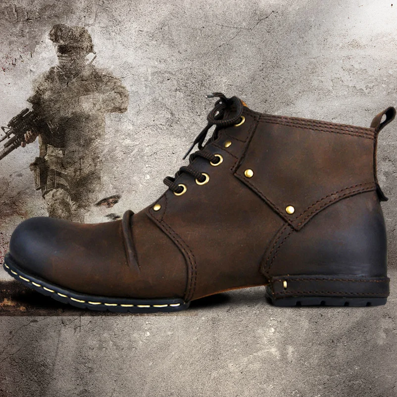 Genuine Cow Leather Motorcycle Boots Manual Men Biker Retro Punk Martin Shoes Motorbike Moto Boots Protective Gear
